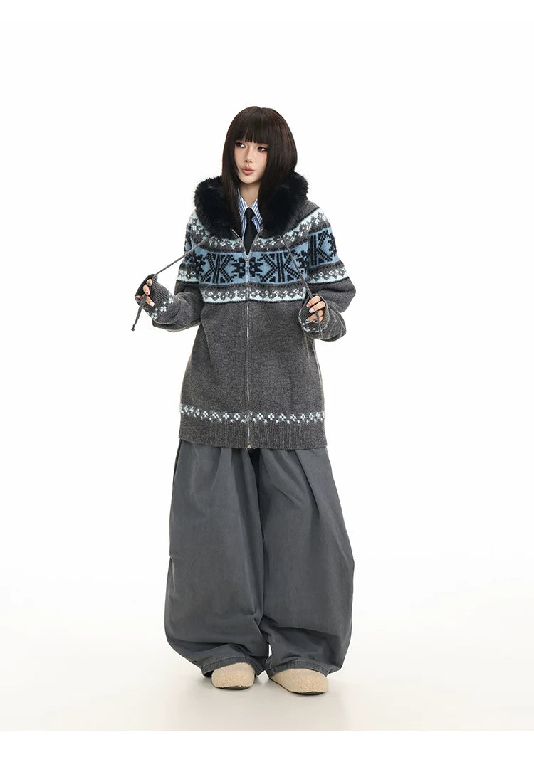 Fur Collar Fair Isle Hooded Knit Cardigan