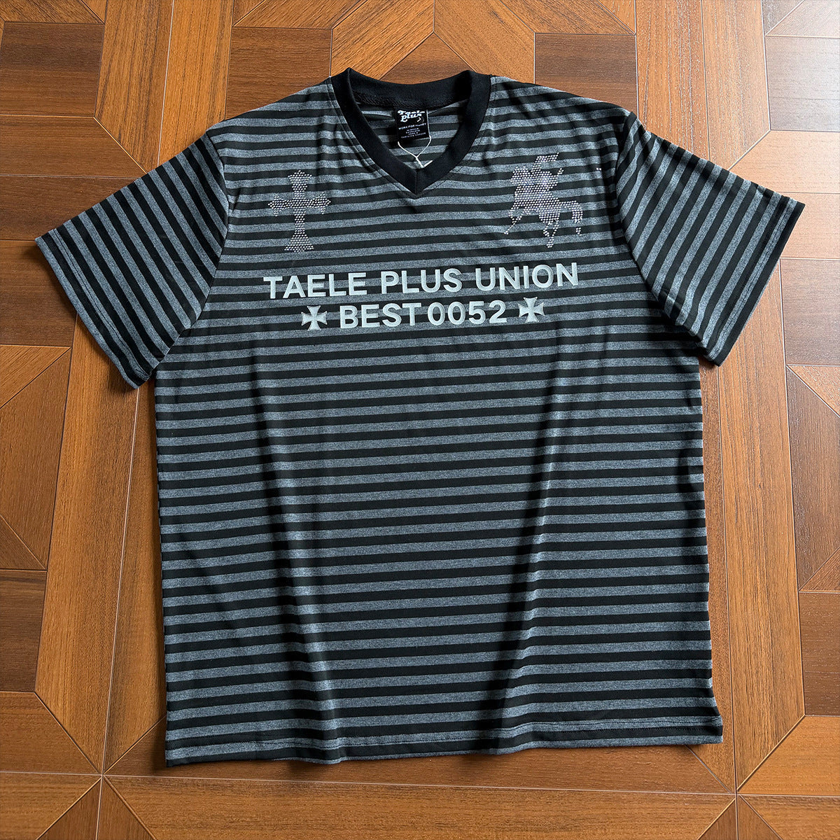 Stripe Cross Rhinestone Short Sleeve T-Shirt