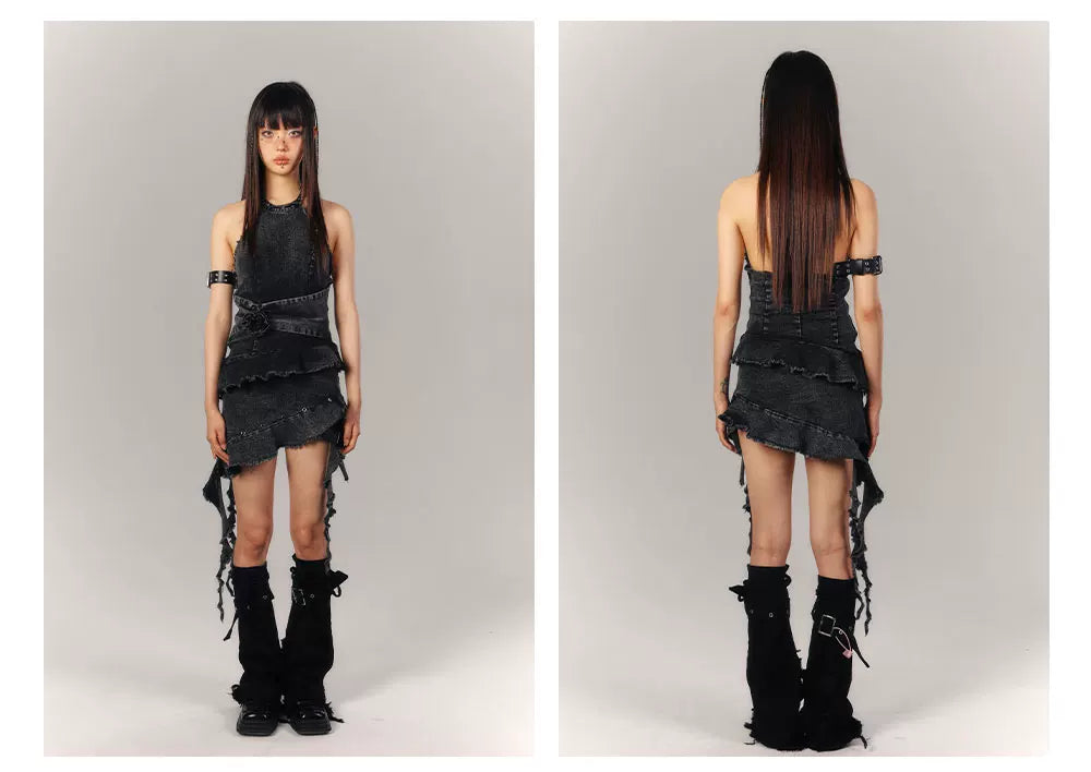 Asymmetrical Halter Denim Sleeveless Dress
