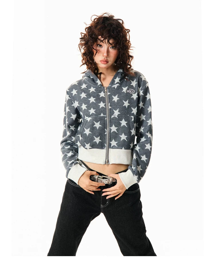 Star Print Cropped Zip-Up Hoodie