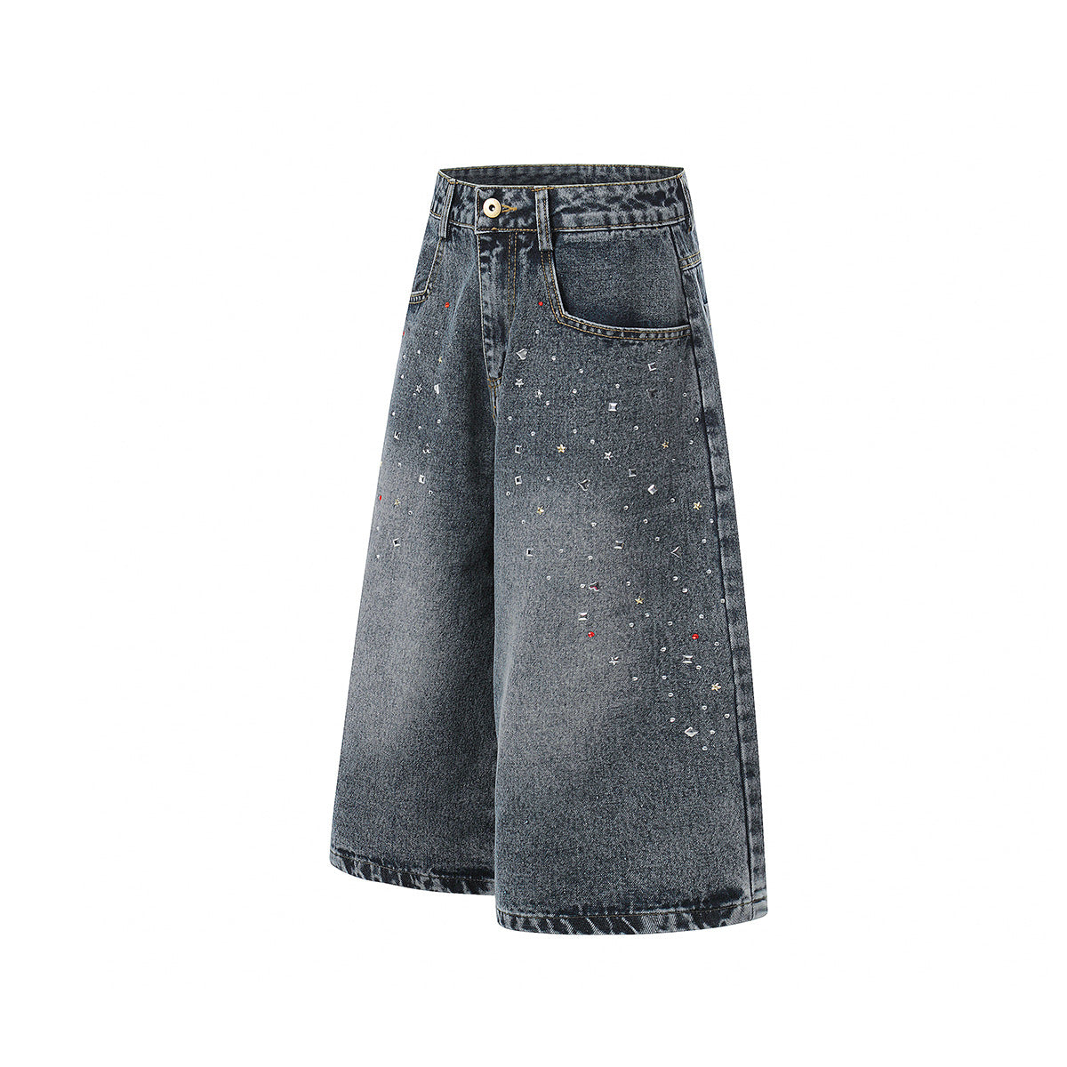 Washed Rhinestone Denim Wide Leg Jort