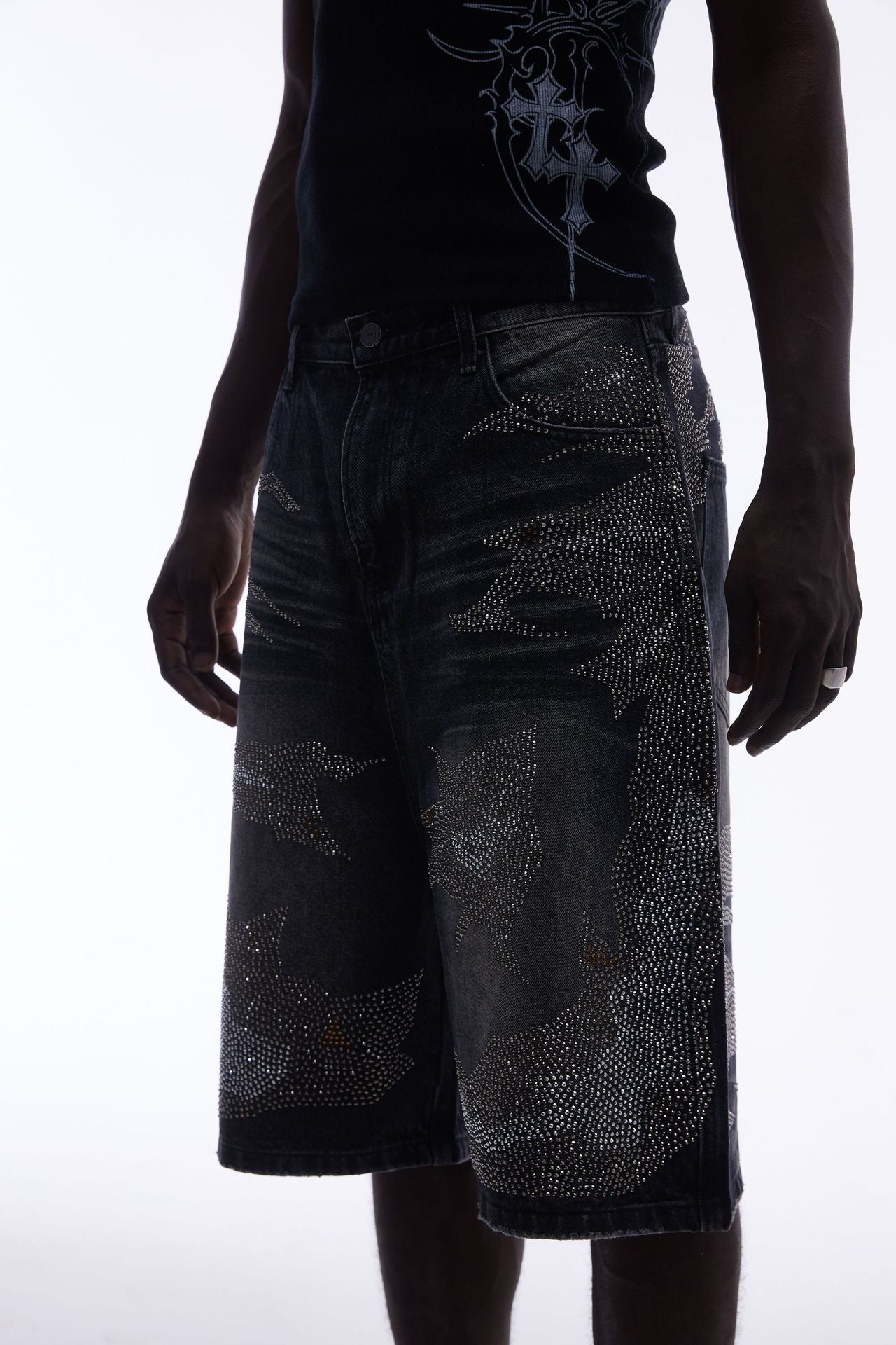 Rhinestone Camouflage Wash Denim Jort