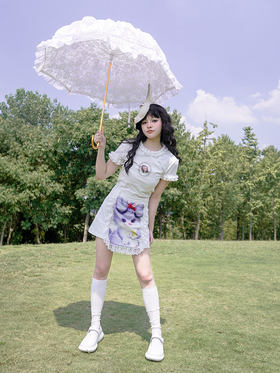 Graphic Print Lace Ruffle Skirt
