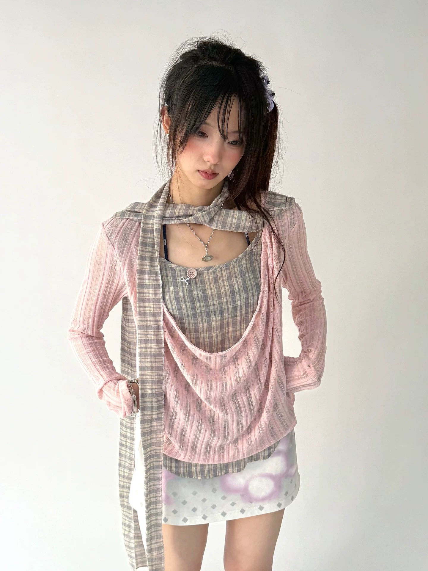 Plaid Ripped Fake Layered Long Sleeve T-Shirt