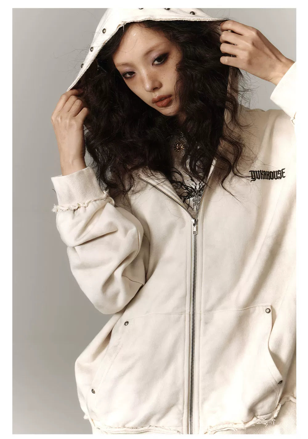 Washed Damage Oversize Zipper Hoodie & Short Skirt & Wide Leg Pants Setup