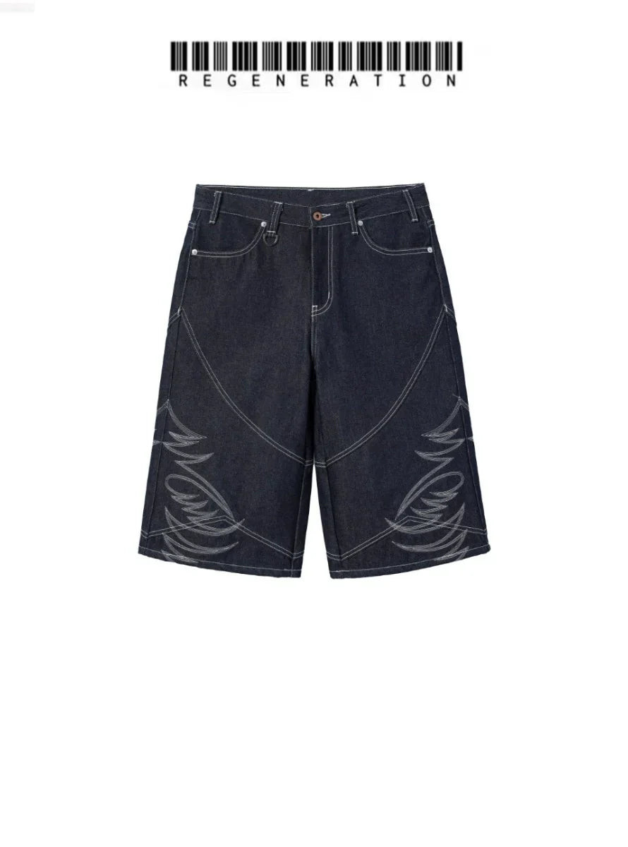 Embroidered Half Denim Jeans
