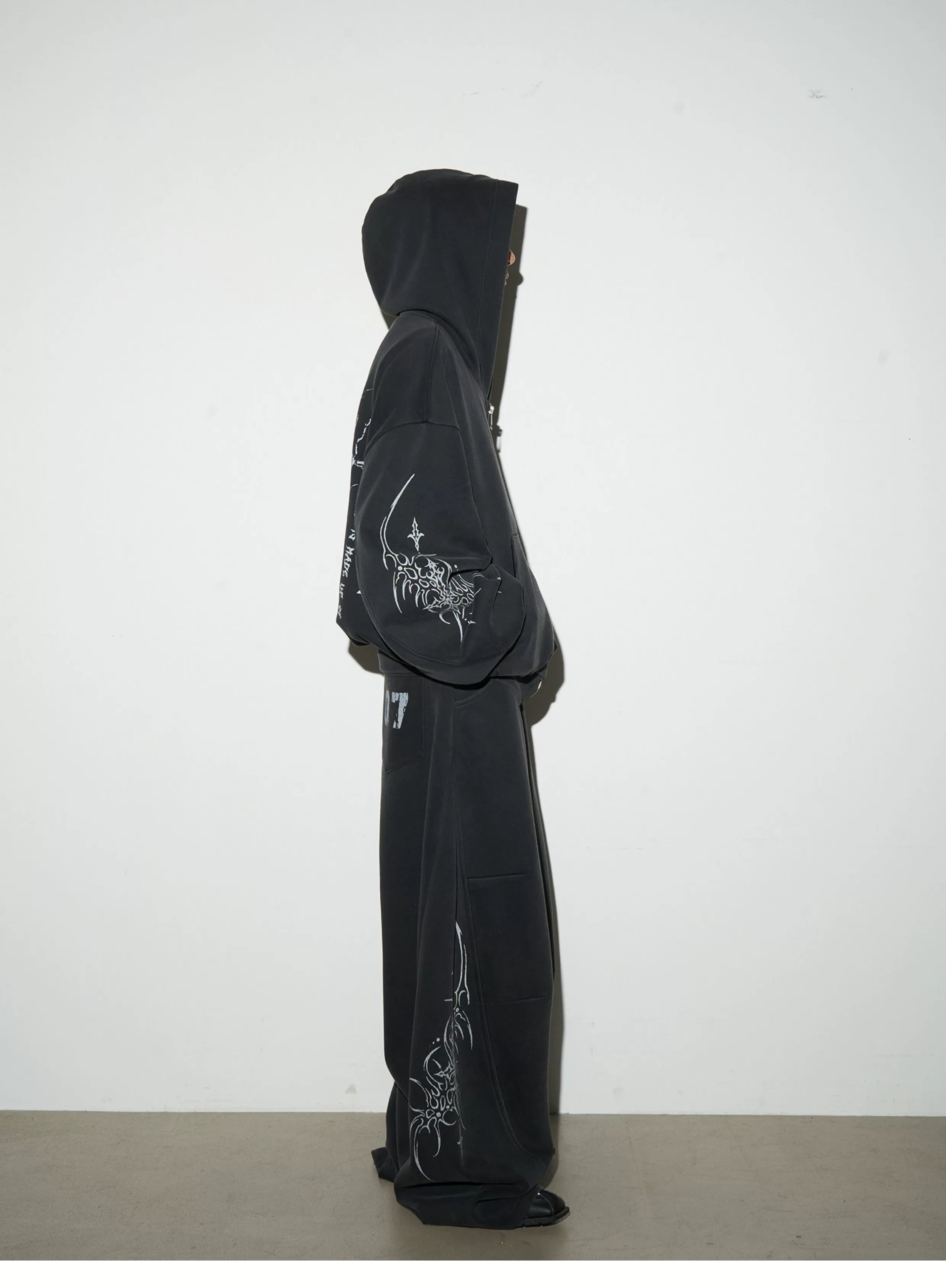 Graphic Print Oversize Zipper Hoodie & Wide Leg Sweatpants Setup