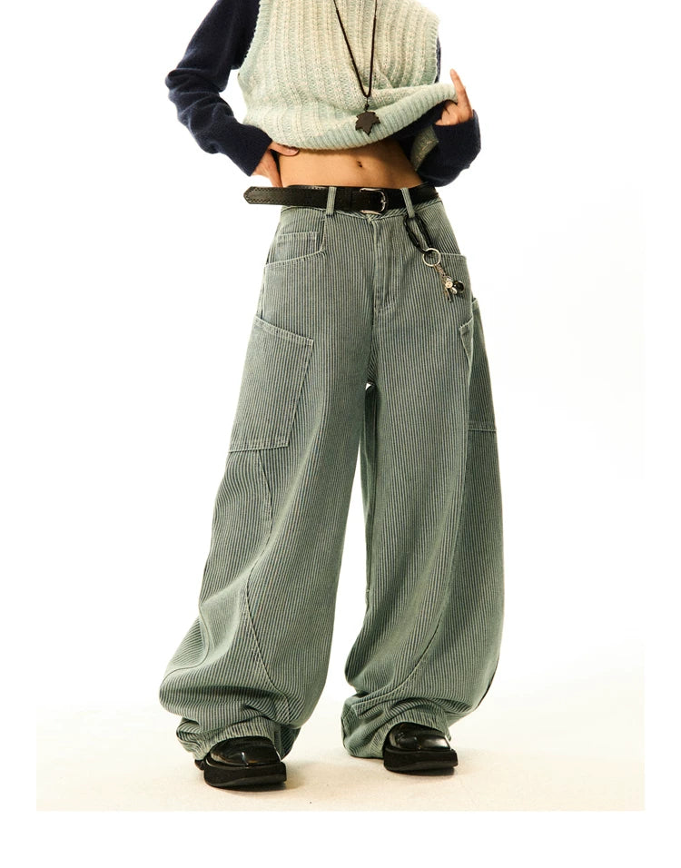 Stripe Pattern Wide Leg Denim Jeans