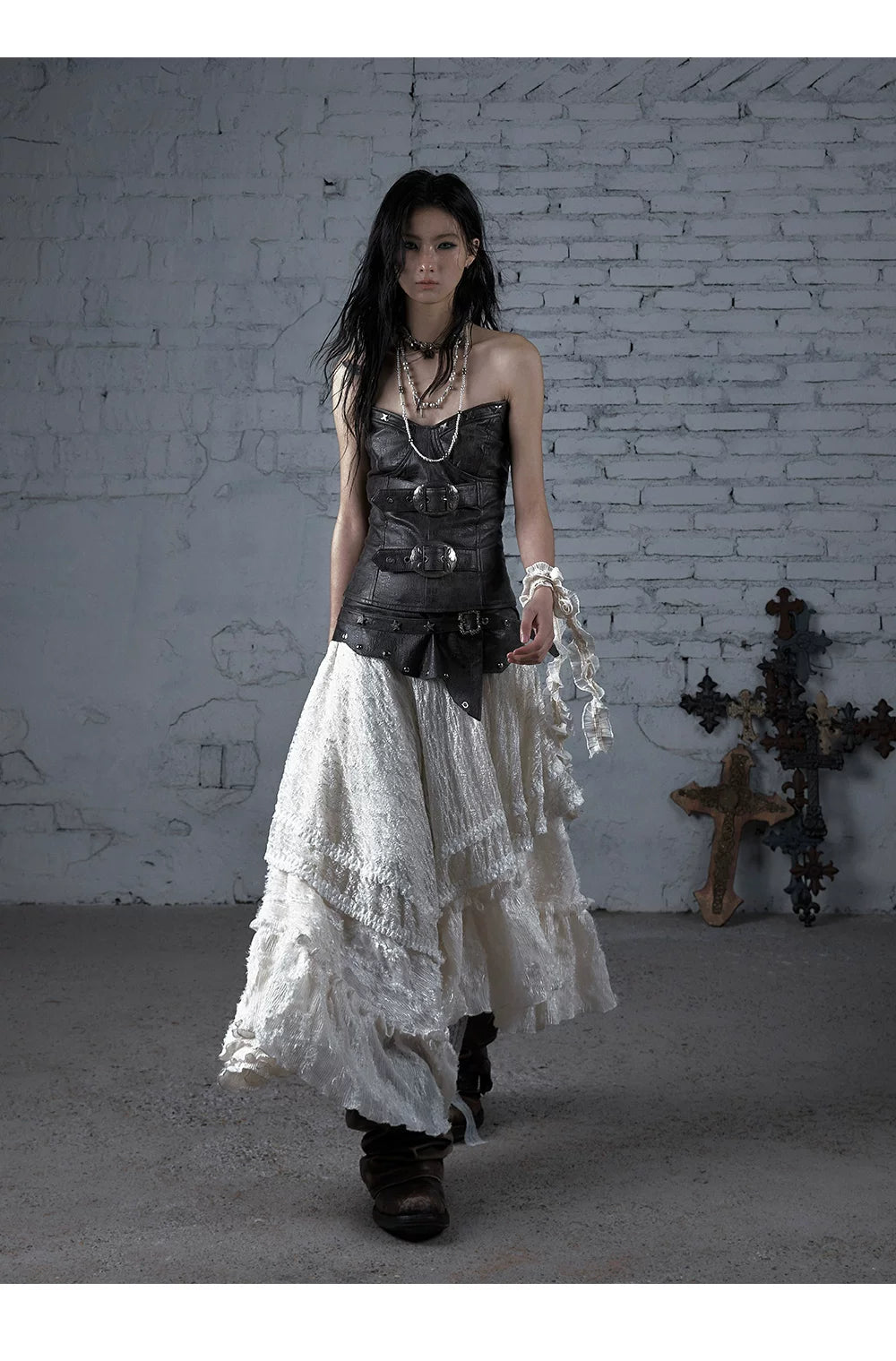 Asymmetric Lace Layered Belt Detail Skirt