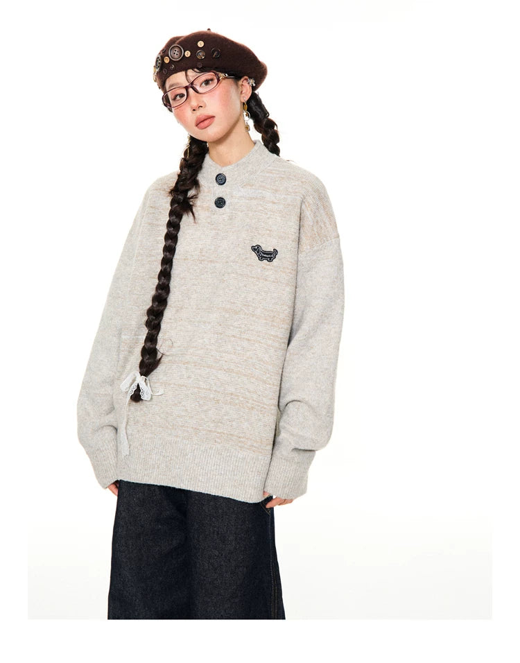 Button-Detail Stand Neck Knit Sweater