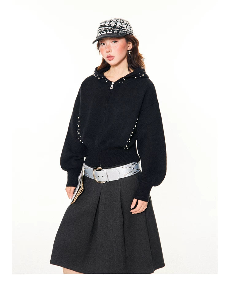 Pearl Embroidery Cropped Zipper Hoodie