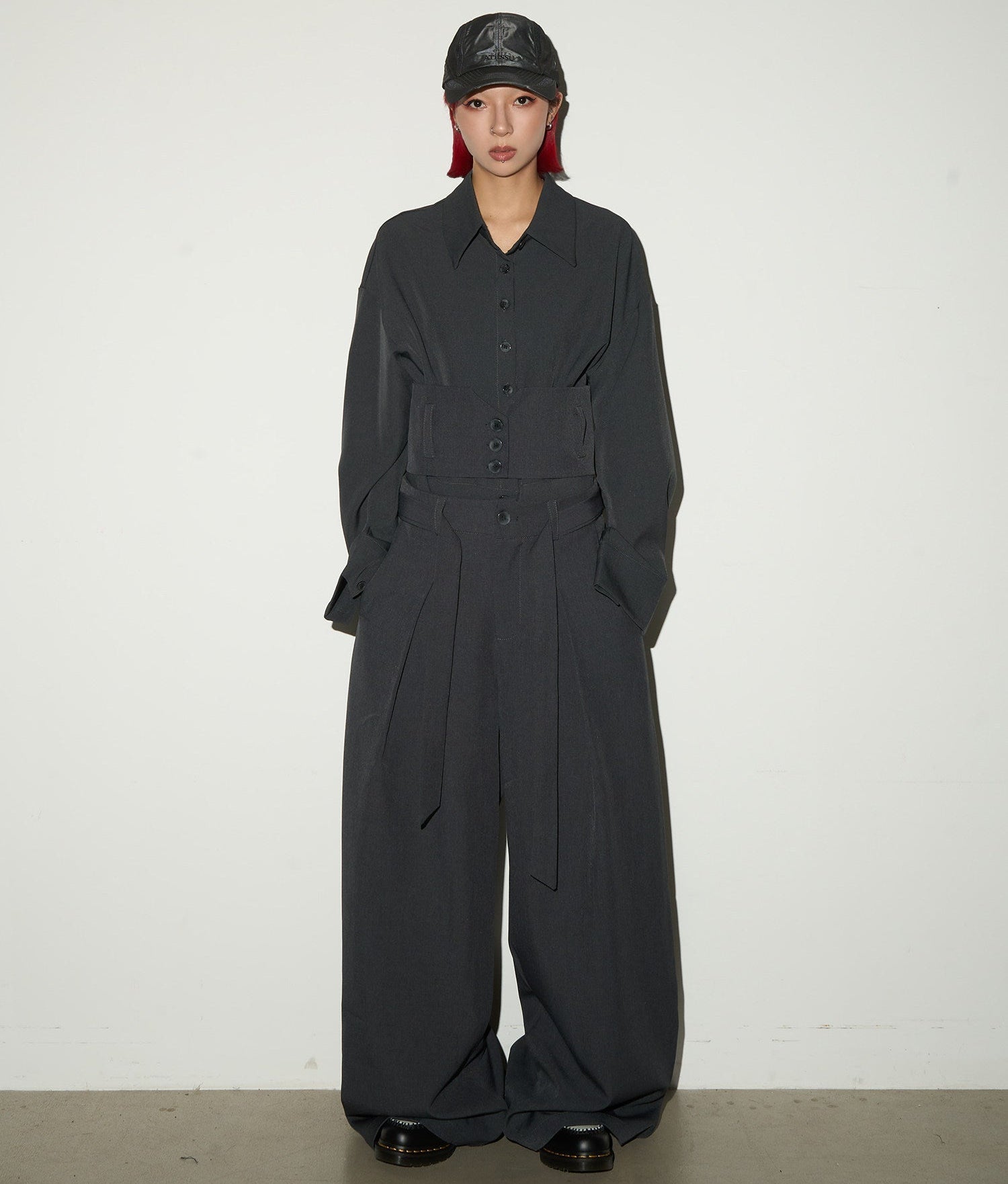 Button Front Long Sleeve Shirt & Pleats Wide Leg Trousers Setup