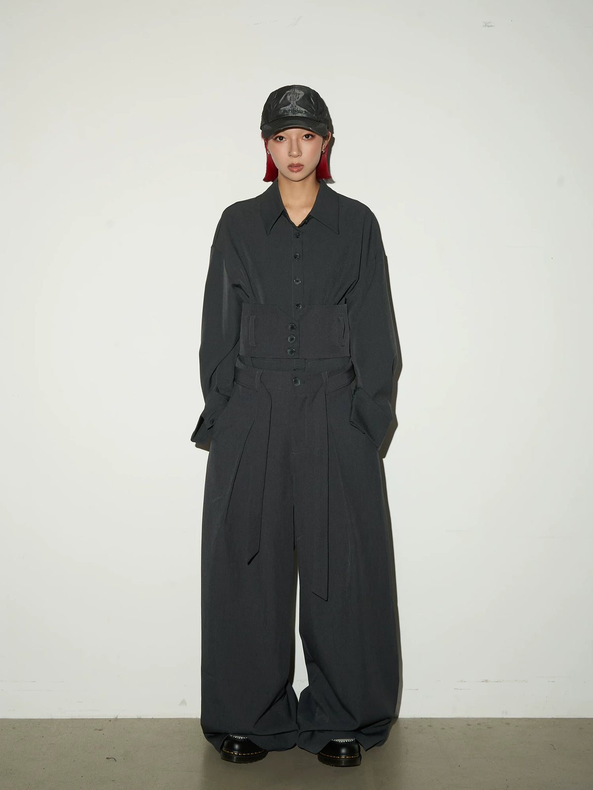 Button Front Long Sleeve Shirt & Pleats Wide Leg Trousers Setup