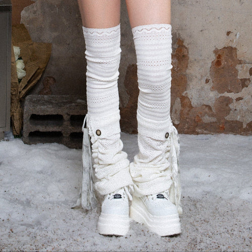 Flared Hem Patchwork Knit Layered Socks - White / s
