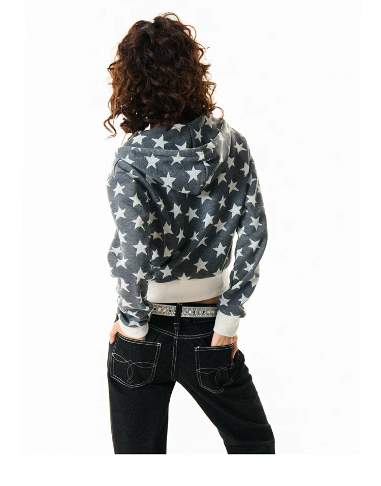 Star Print Cropped Zip-Up Hoodie