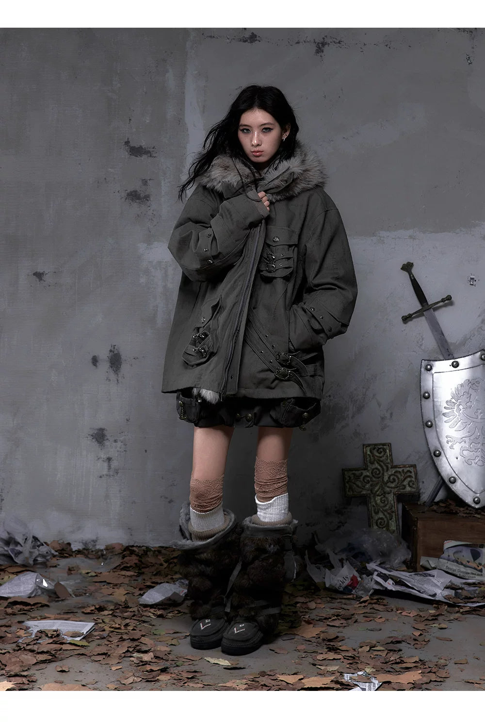 Fake Fur Hooded Multi-Pocket Buckle Detail Jacket