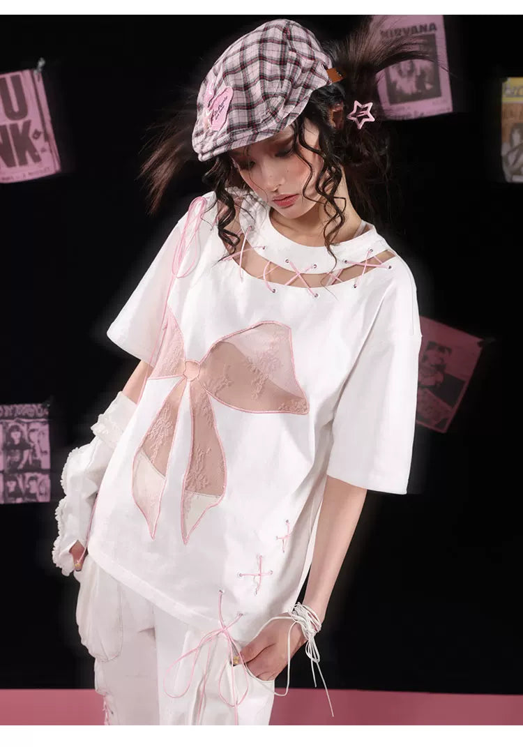 Lace Bow Hollow-Out Tie-Strap Short Sleeve T-Shirt