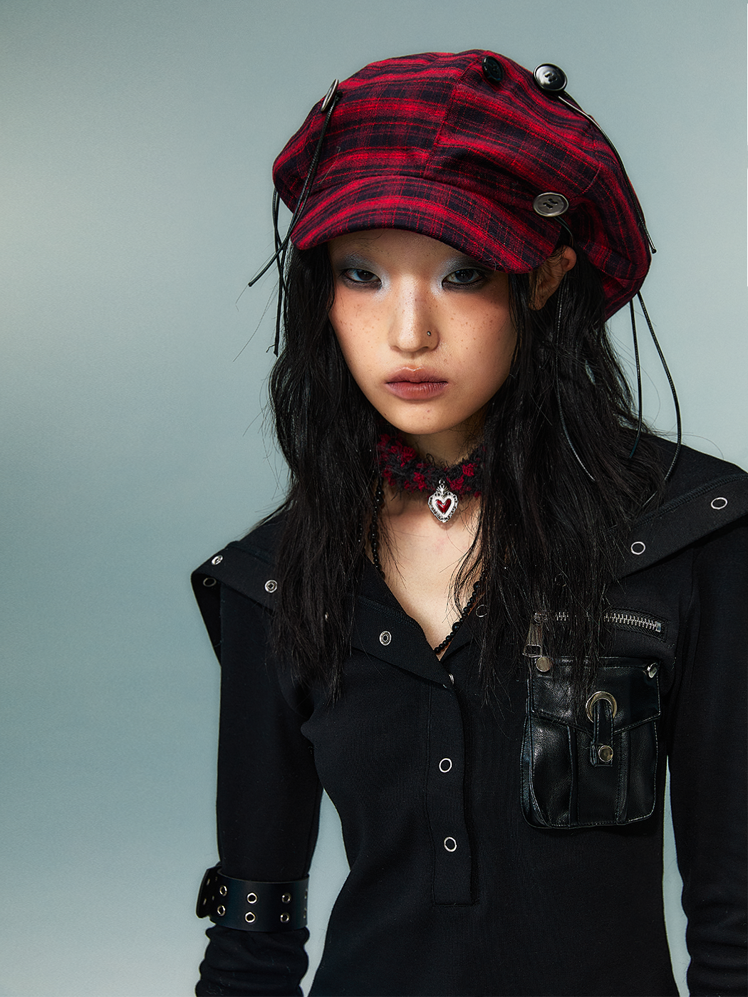 Handcrafted Button Strap Red Plaid Beret Hat