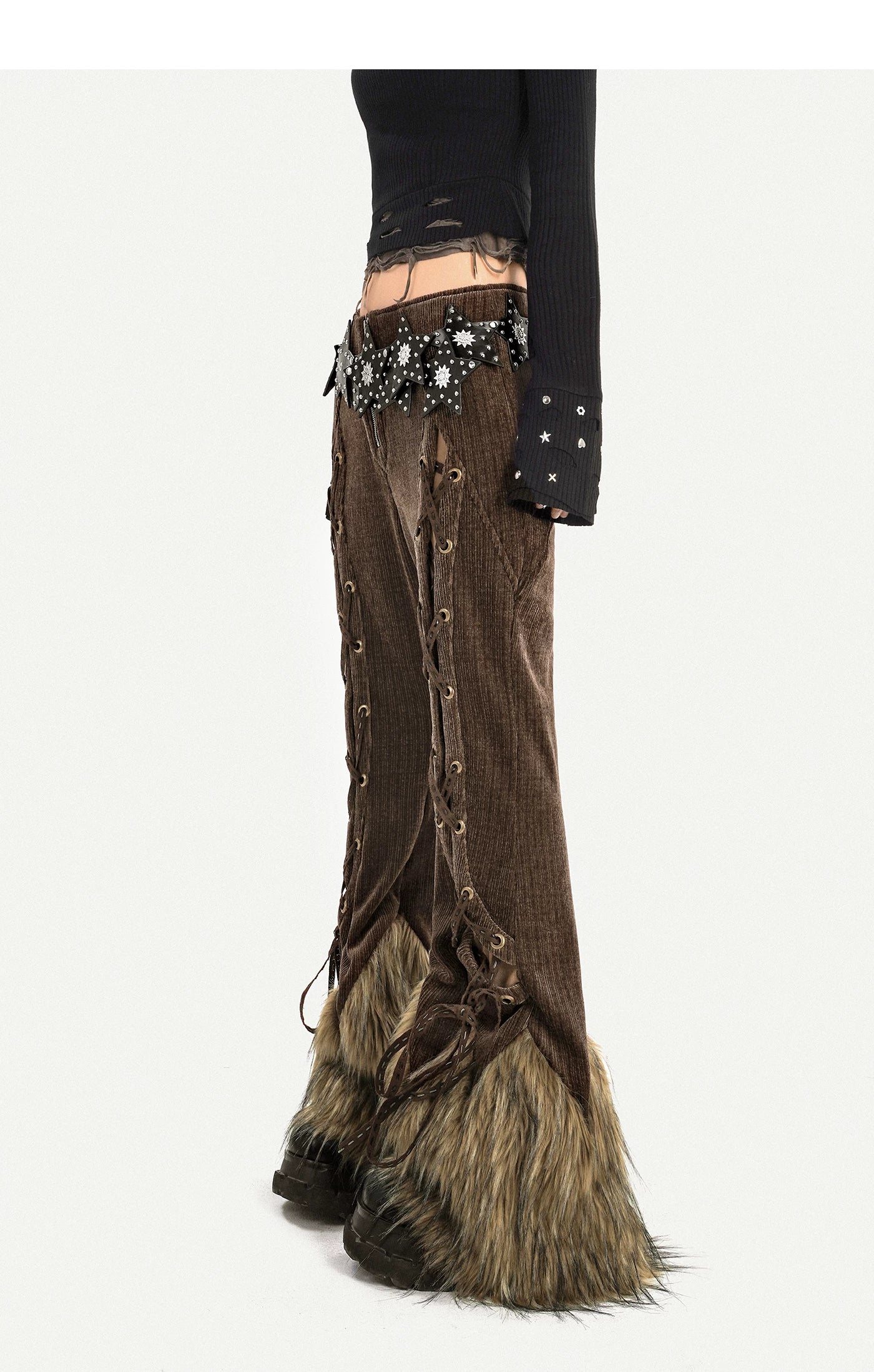 Corduroy Patchwork Fake Fur Lace-Up Slimming Pants