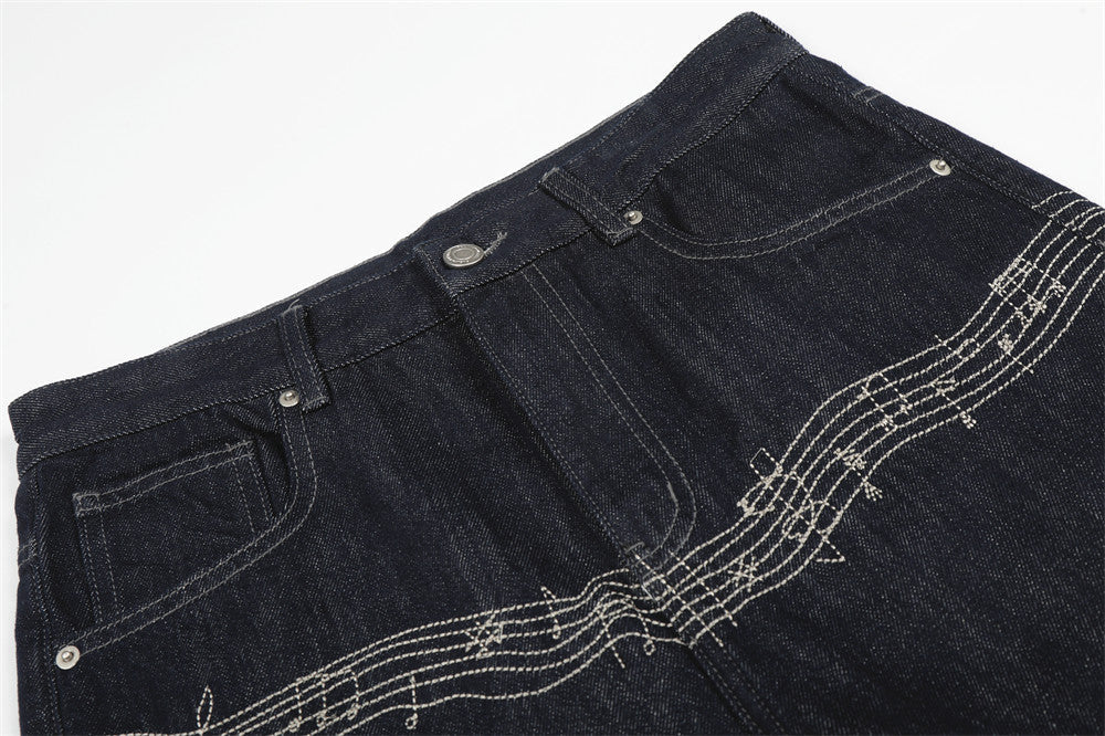 Musical Embroidery Wide-Leg Jeans