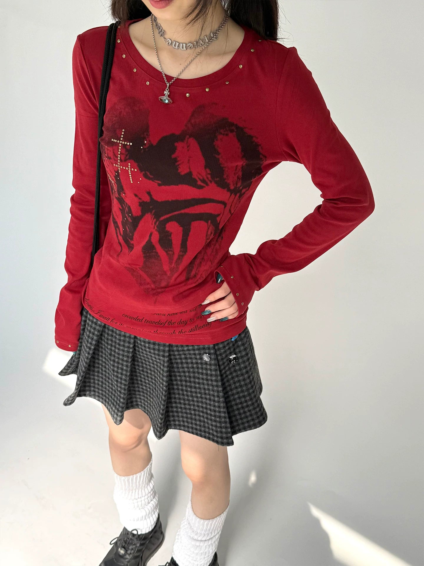 Cross Print Rivet Long Sleeve T-Shirt