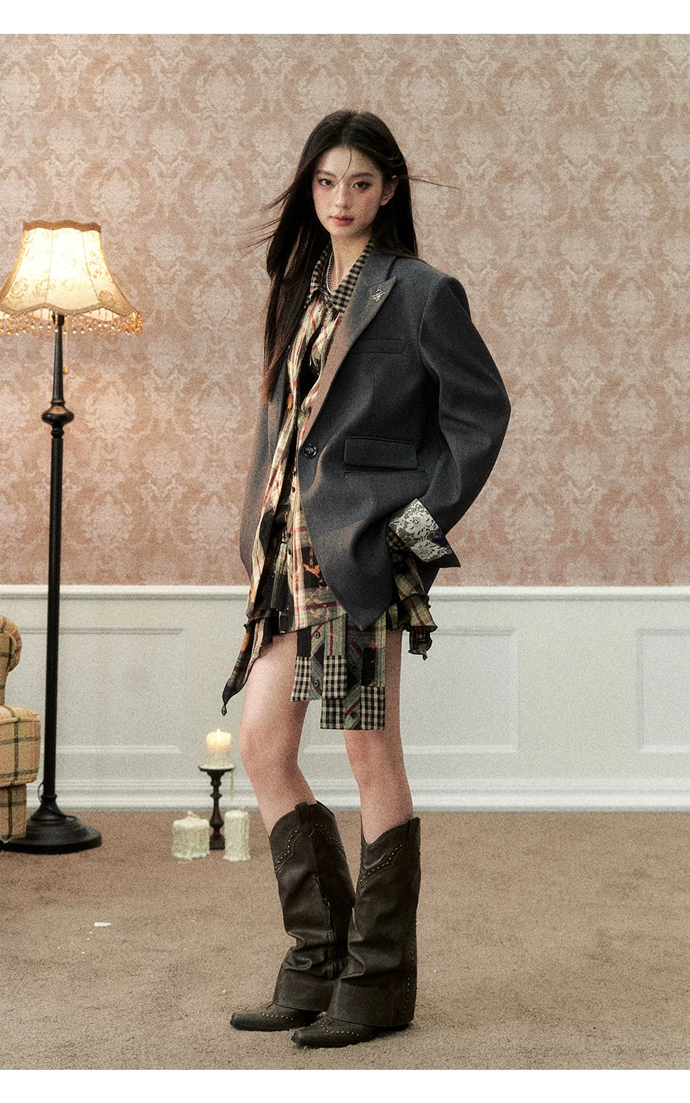 Oversize Plaid Long Sleeve Shirt & Short Skirt & Scarf Setup