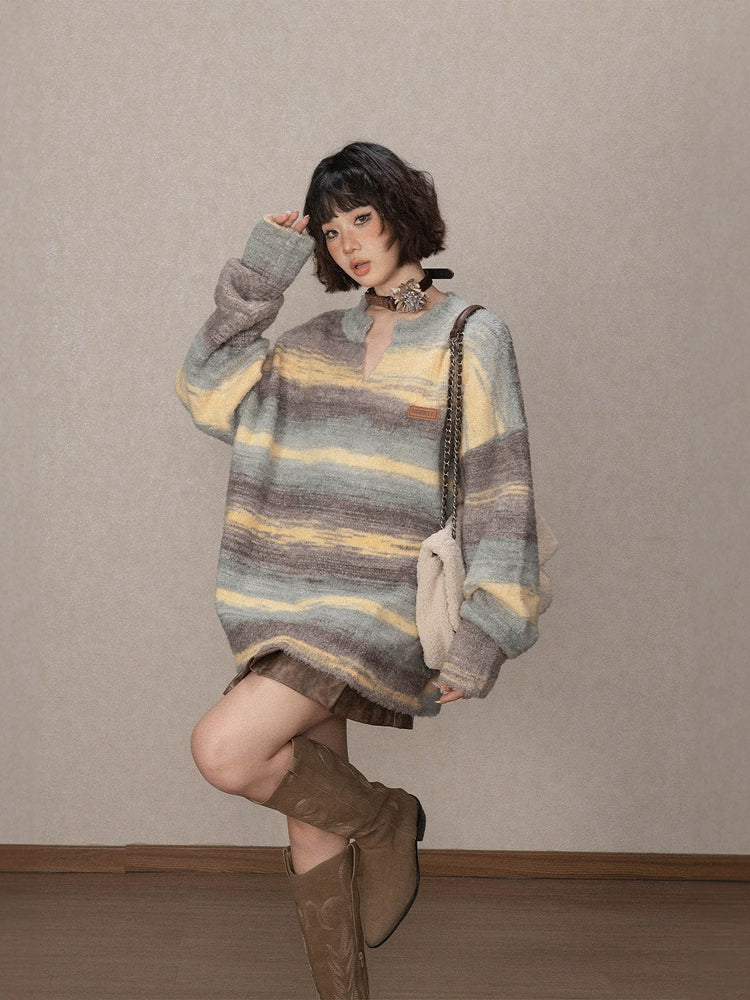 Striped Fuzzy Green Coffee Knit Sweater