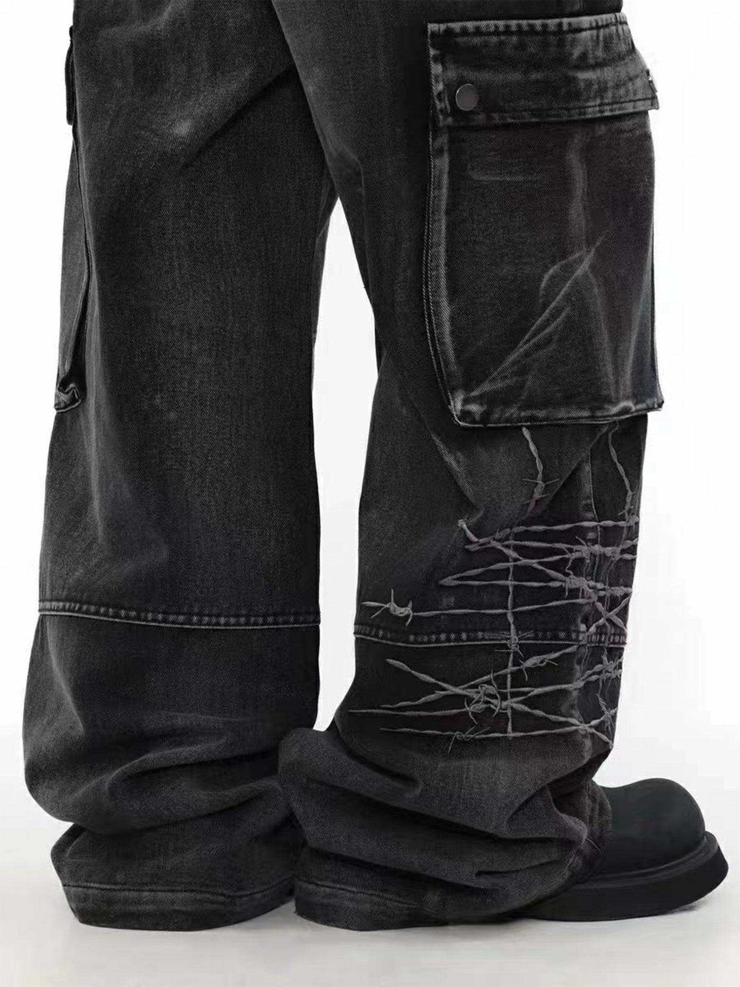 Cargo Pocket Embroidery Wide Leg Denim Jeans
