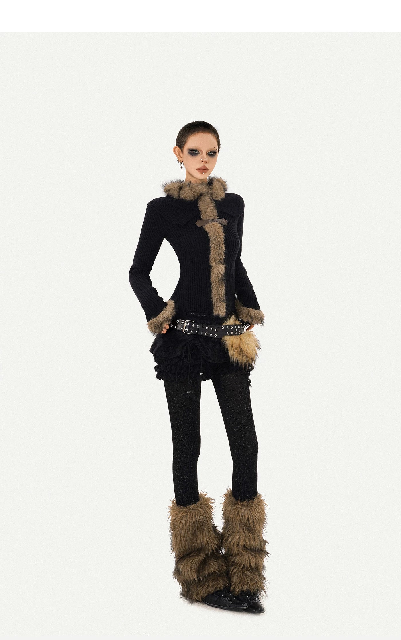 Fur Collar Fitted Knit Sweater