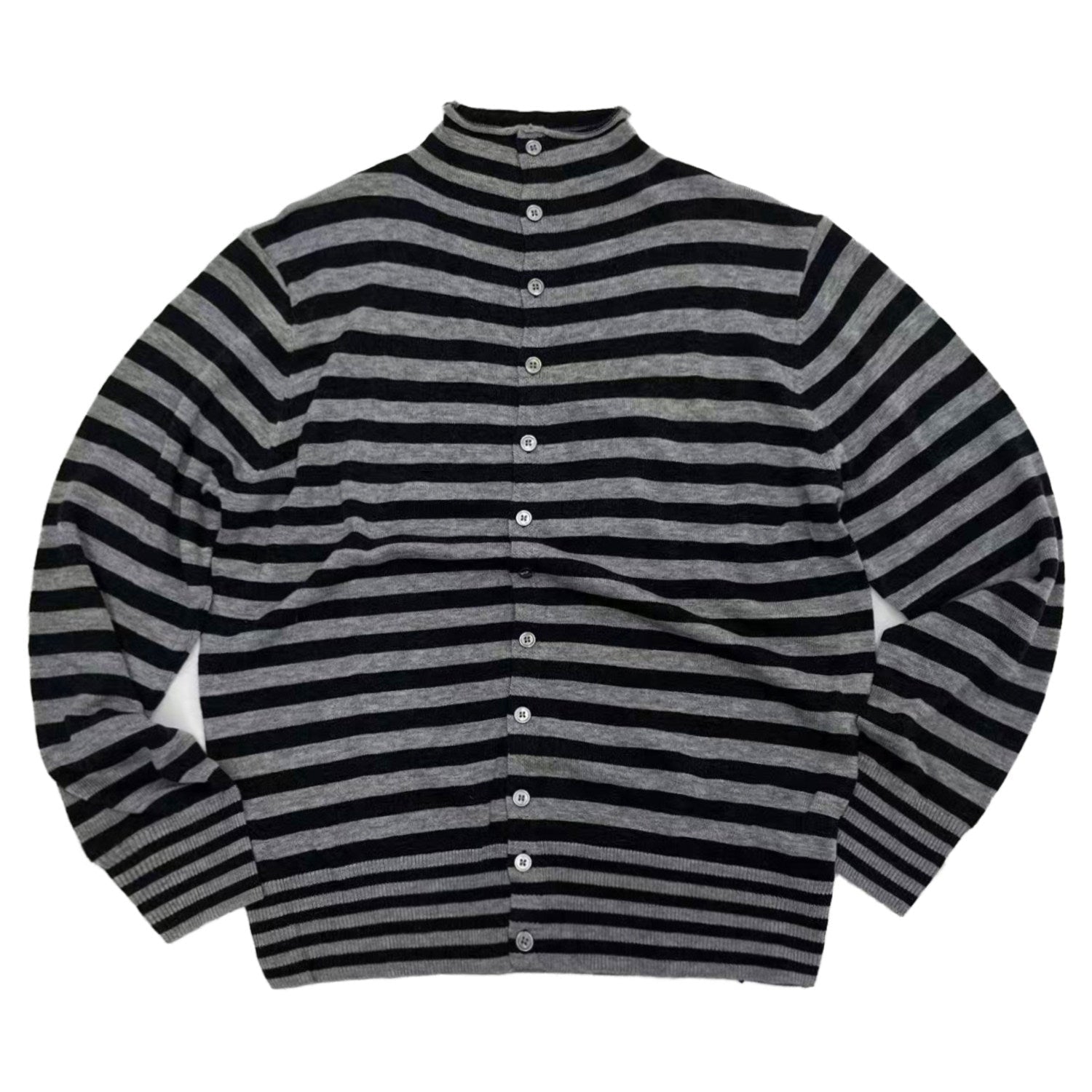 Contrast Stripe Wool Knit High-Neck Cardigan