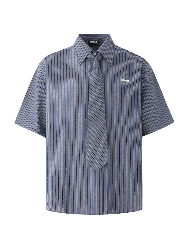 Striped Design Short Sleeve Shirt & Tie