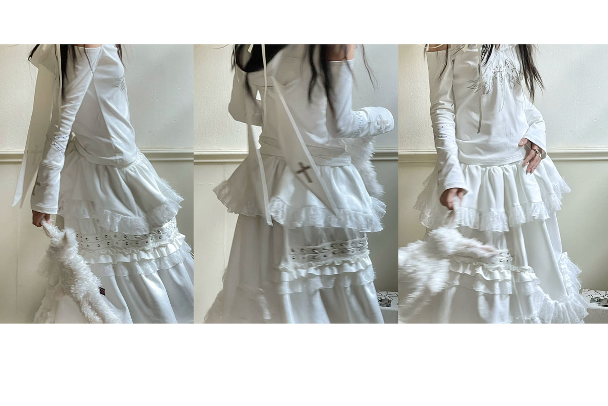 Suede Lace Asymmetrical Tie-Up Layered Long Skirt