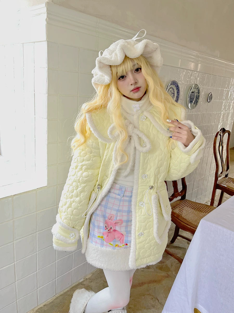 Flower Plush Bow Tie Puffer Jacket