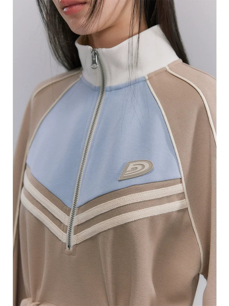 Embroidery Color Blocking Sporty Long Sleeve Jersey Dress