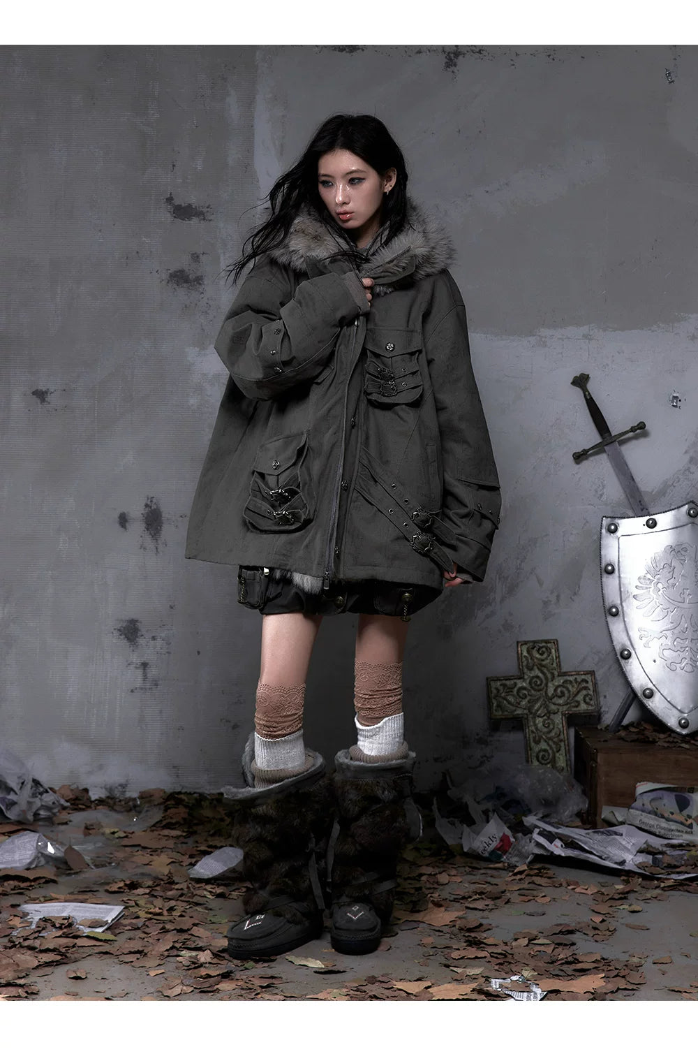 Fake Fur Hooded Multi-Pocket Buckle Detail Jacket