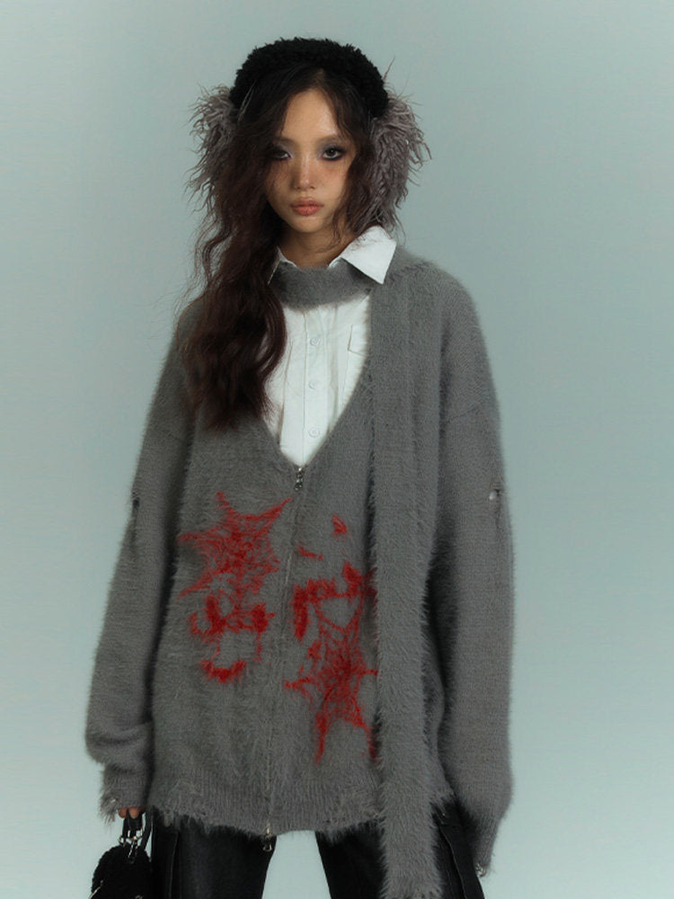 V-Neck Fake Mink Damage Zipper Knit Cardigan