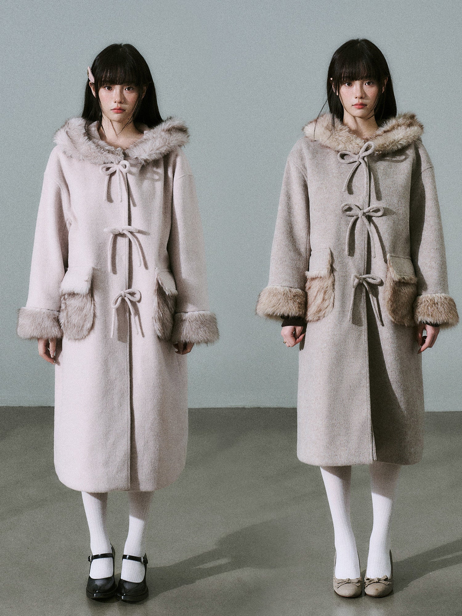 Bow Detail Fake Fur Trim Coat