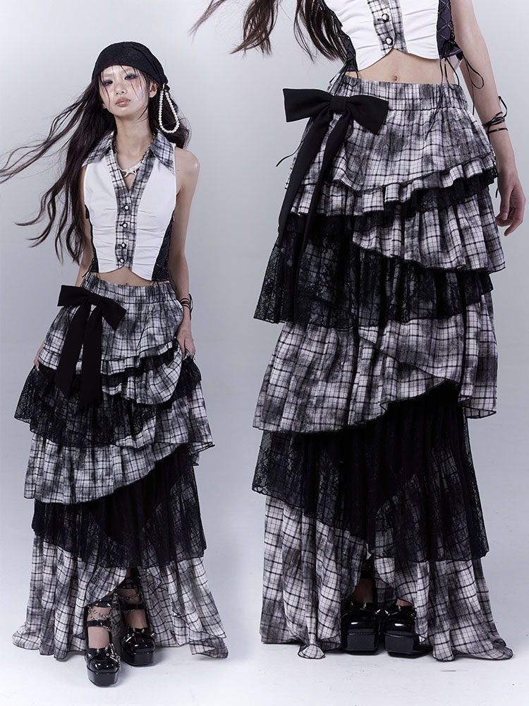 Lace Plaid Tiered Asymmetric Skirt