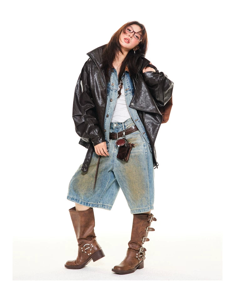 Asymmetrical Stand Collar PU Leather Jacket