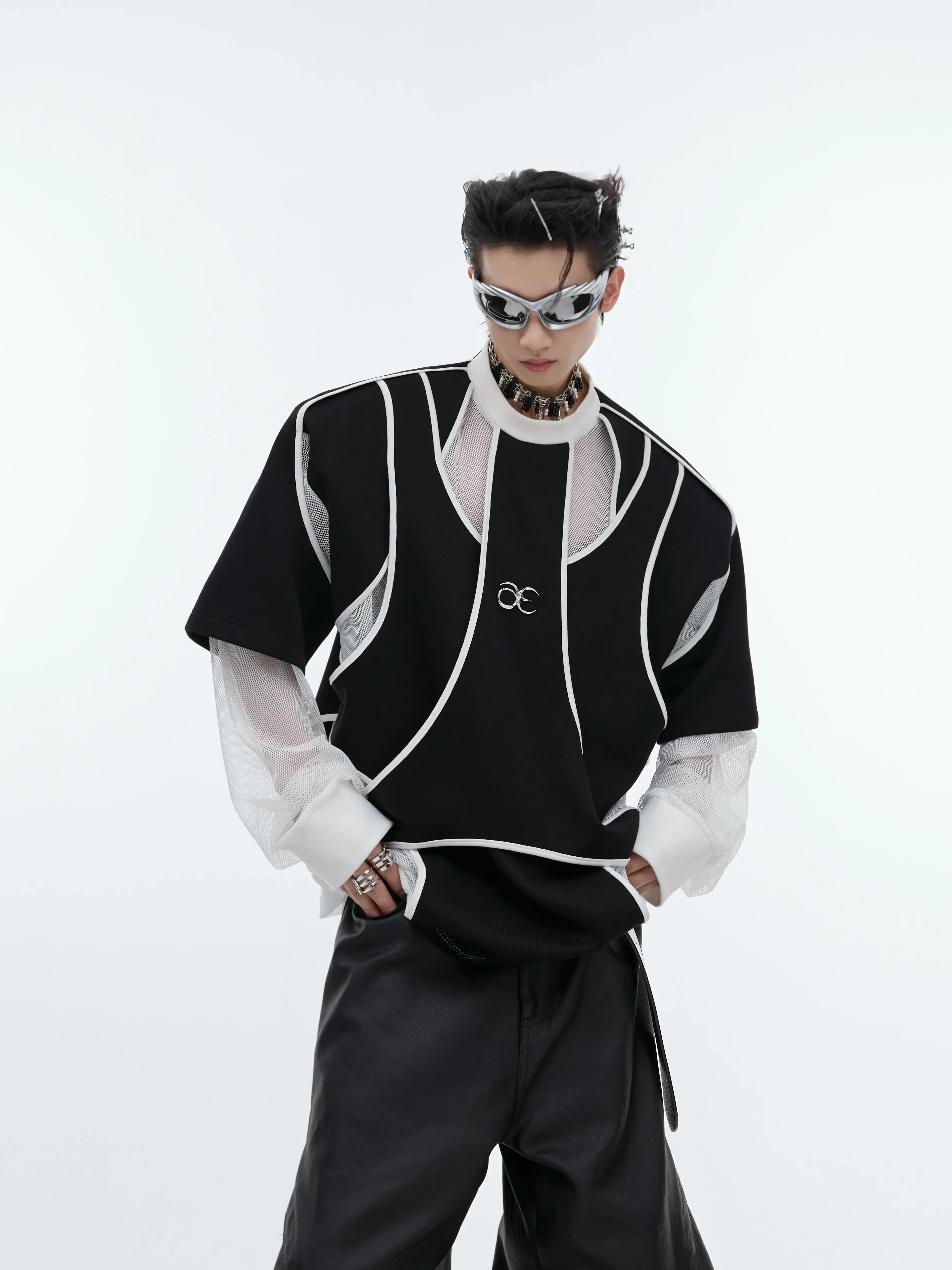 Fake Layered Shoulder Pad Round Neck Sweatshirt