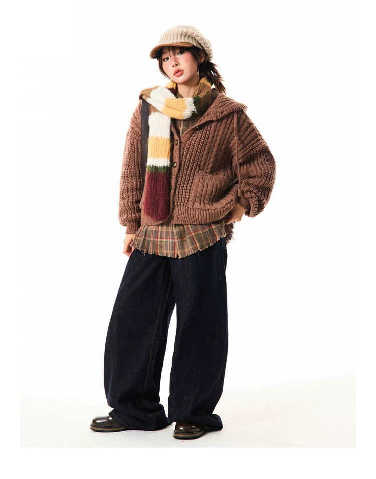 Hooded Button Oversize Cable Knit Cardigan