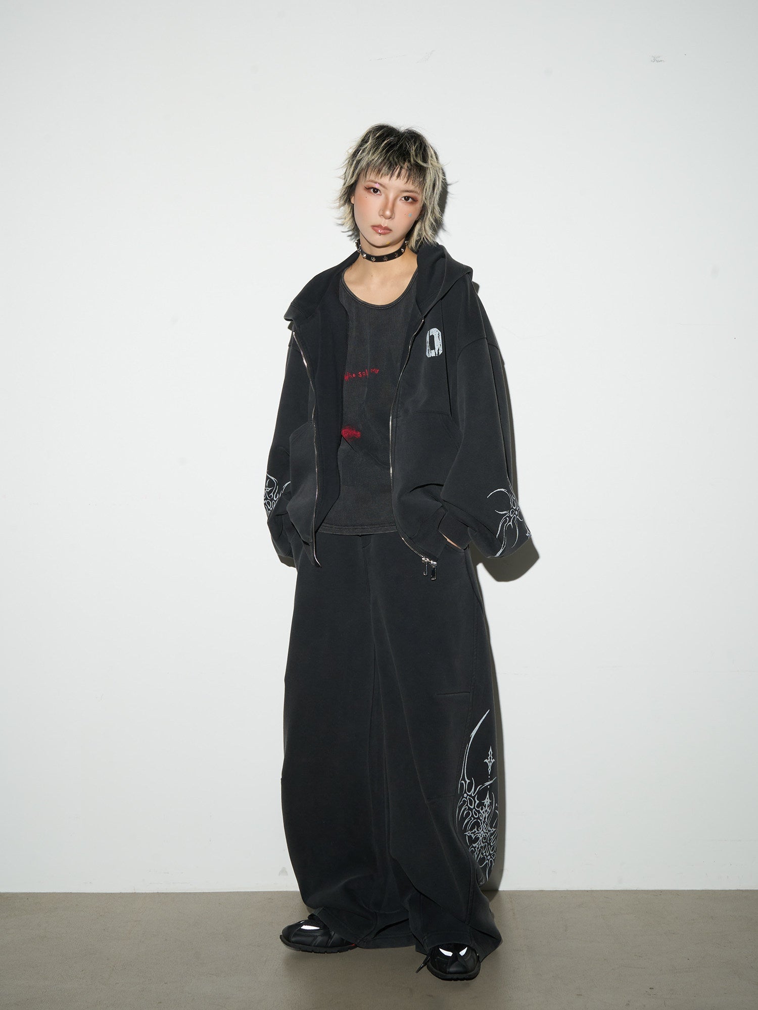 Graphic Print Oversize Zipper Hoodie & Wide Leg Sweatpants Setup