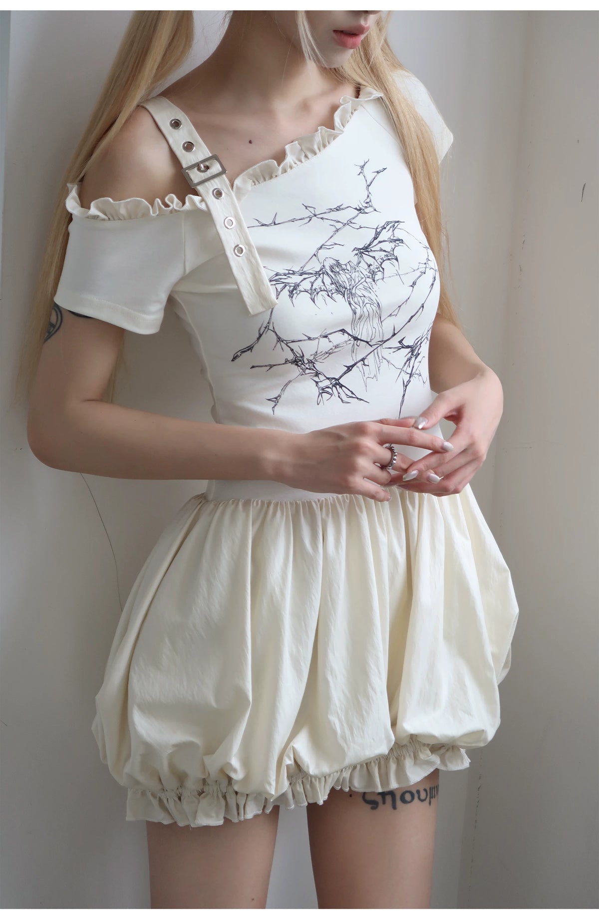 Thorn Angel Print Off-Shoulder Puff Dress