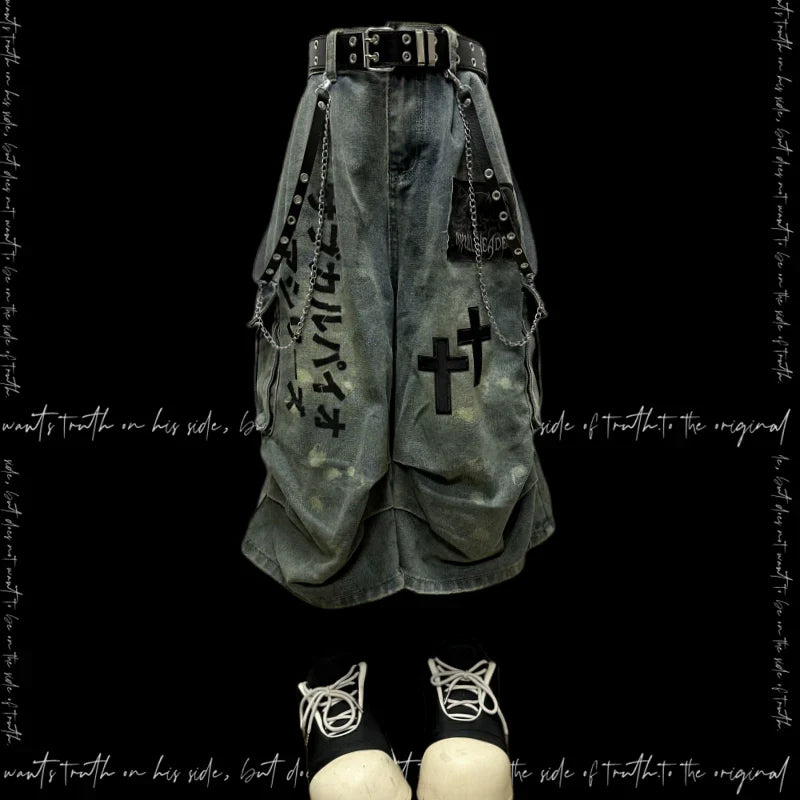 Washed Pleats Patch Wide Leg Cargo Half Denim Jeans & Belt & Chain