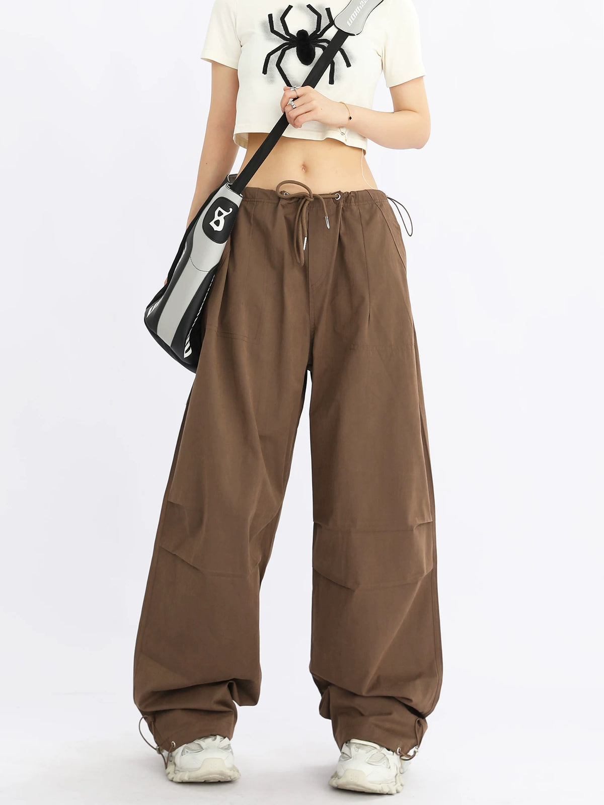 Wide-Leg Drawstring Cargo Pants
