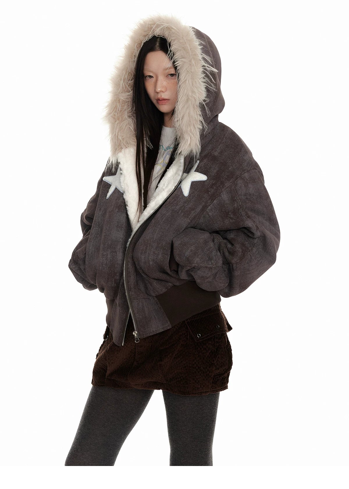 Fur Trim Patchwork Hooded Puffer Jacket
