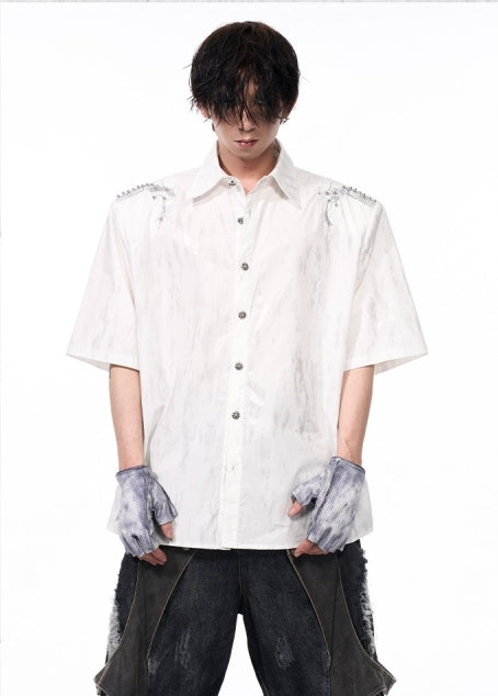 Snake Spine Beaded Foil Print Shoulder-pad Short Sleeve Shirt