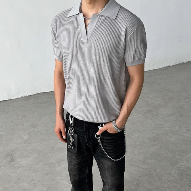 Striped Textured Summer Knit Short Sleeve Polo Shirt