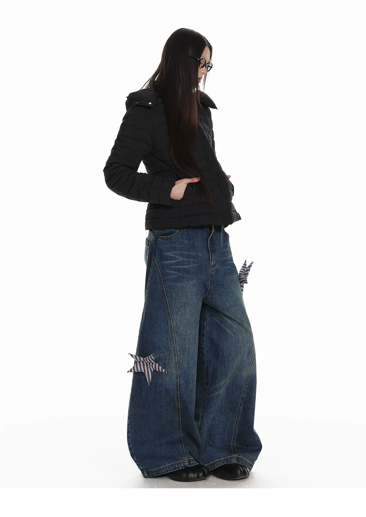 Star Patch Washed Wide-Leg Denim Jeans