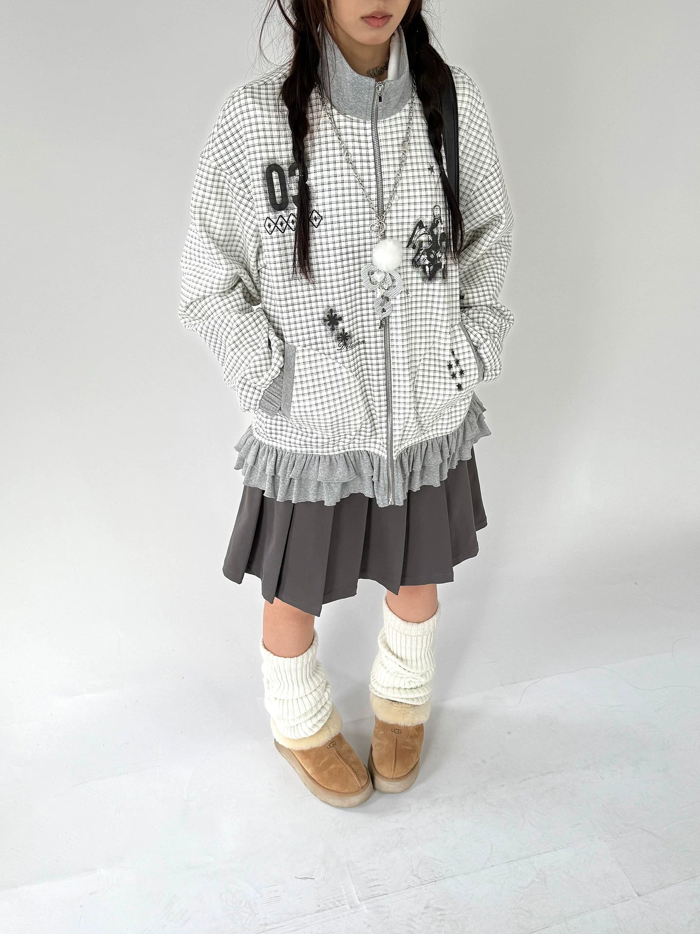 Checkered Ruffle Hem Oversize Zipper Hoodie
